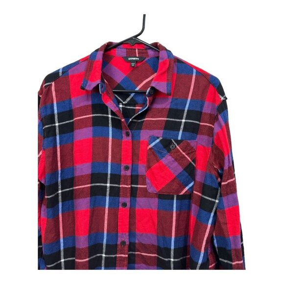 EXPRESS Women SZ M Red Plaid Flannel Cropped Button Down Shirt Long Sleeve - Picture 10 of 11